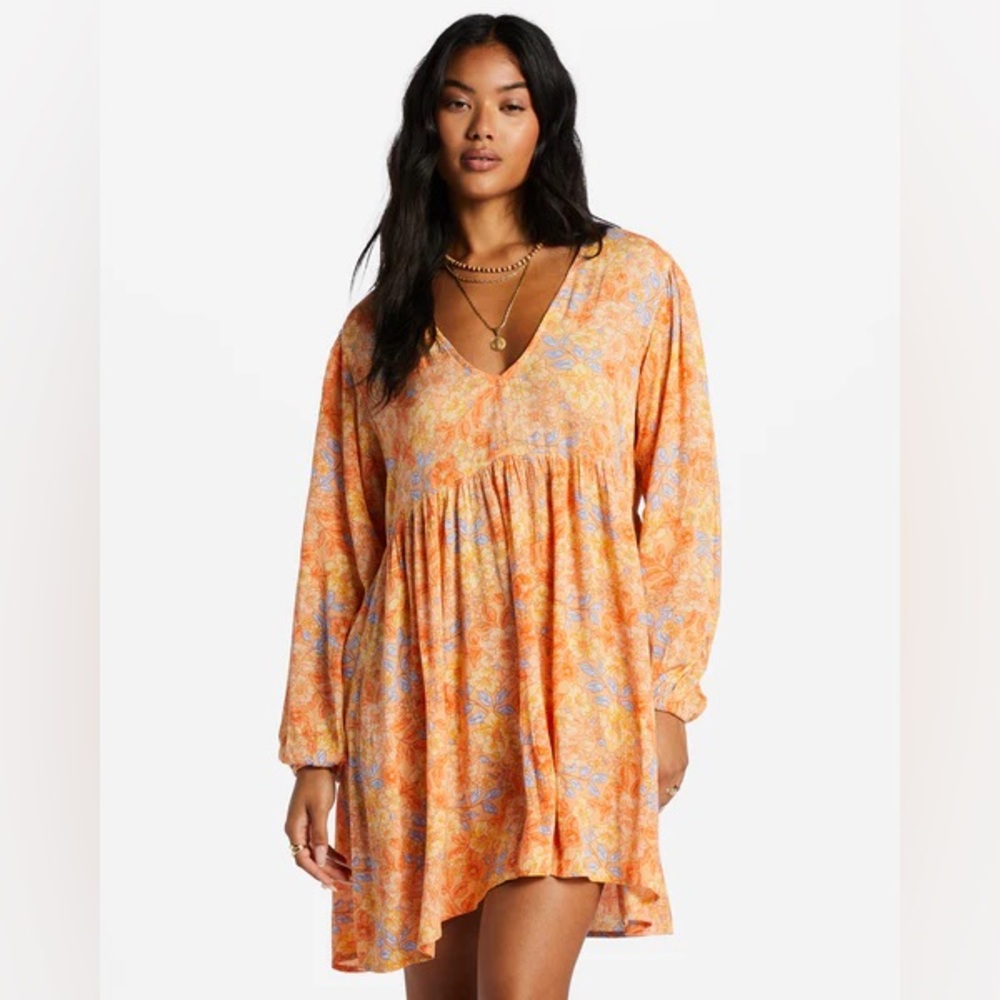 Billabong Orange and Blue FLORAL Long Sleeve Dress